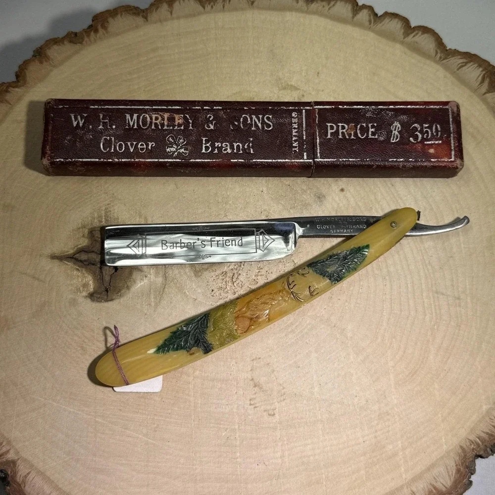 VTG W.H. Morley Clover Brand Straight Razor Barber's Friend Germany Stag W/Box
